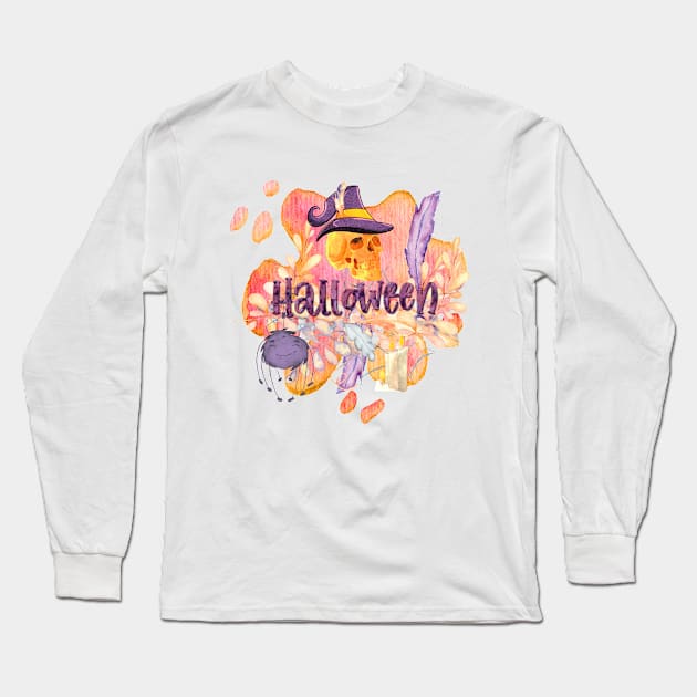 BEAUTIFUL WORDSMITH HALLOWEEN WITH SKULL AND SPIDER WITH FEATHERS AND FLOWERS Long Sleeve T-Shirt by BEAUTIFUL WORDSMITH